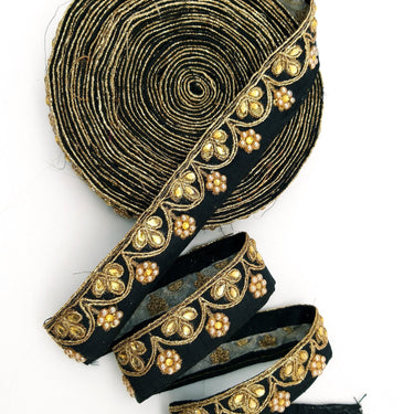 Black Silk Fabric Lace Trim Floral Embroidery & Indian Stones Kundan Embellishment, Decorative Sari Trim, Floral Border Trim By Yard